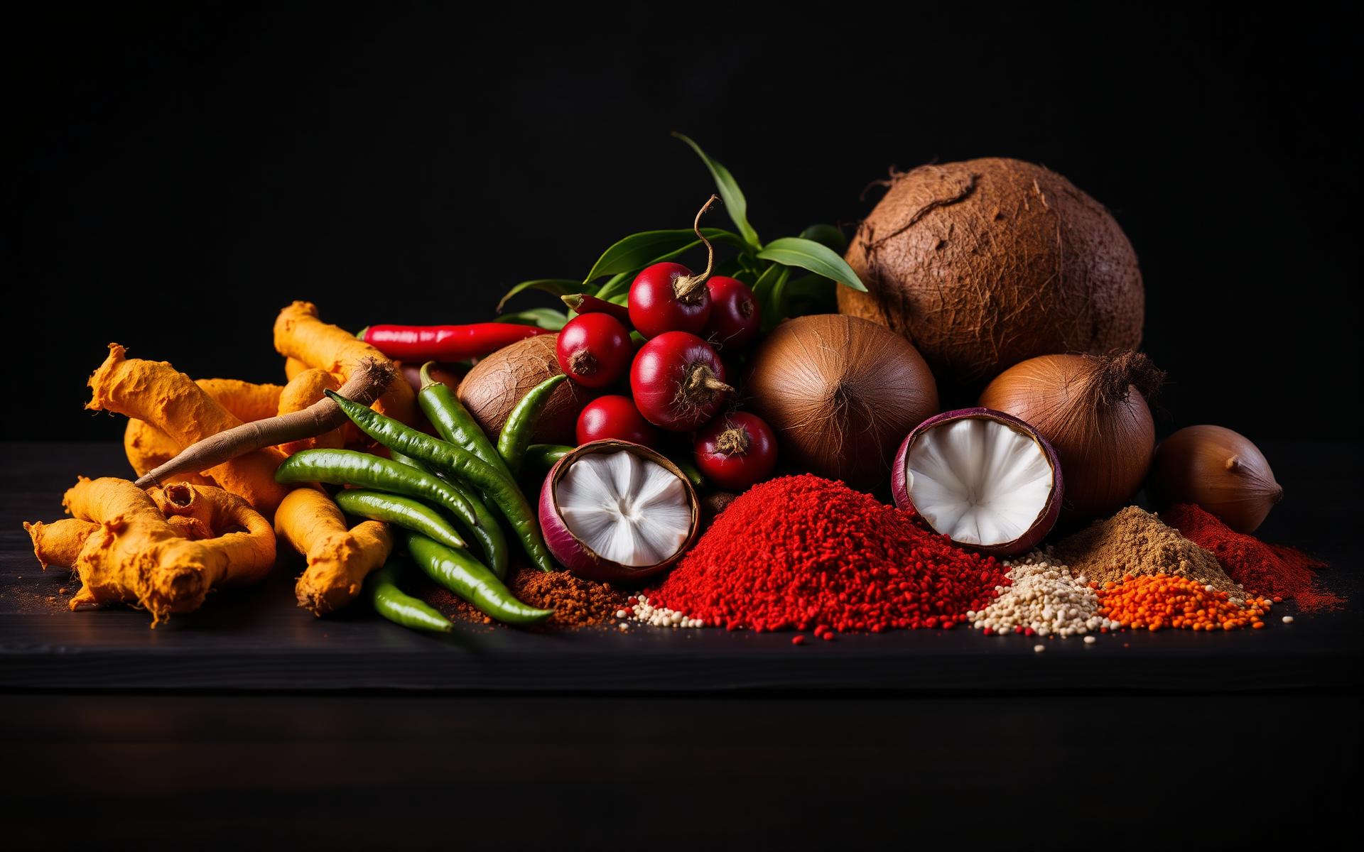 Indian agricultural produce — turmeric, chilies, onions, coconut and spices